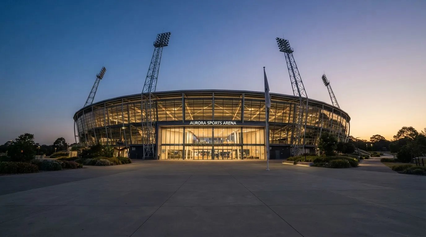 An empty football stadium with floodlight masts at dusk