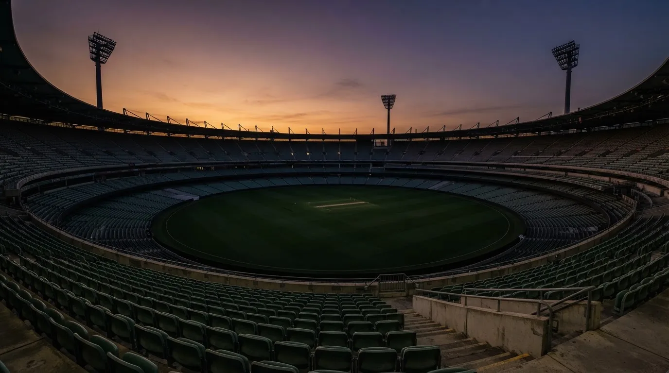 An empty football stadium with floodlight masts at dusk