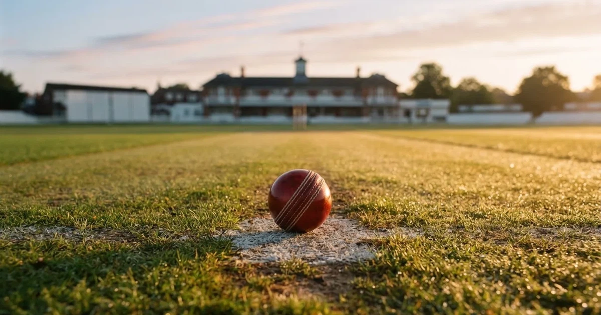 A ball on the centre spot of a grass pitch in morning light