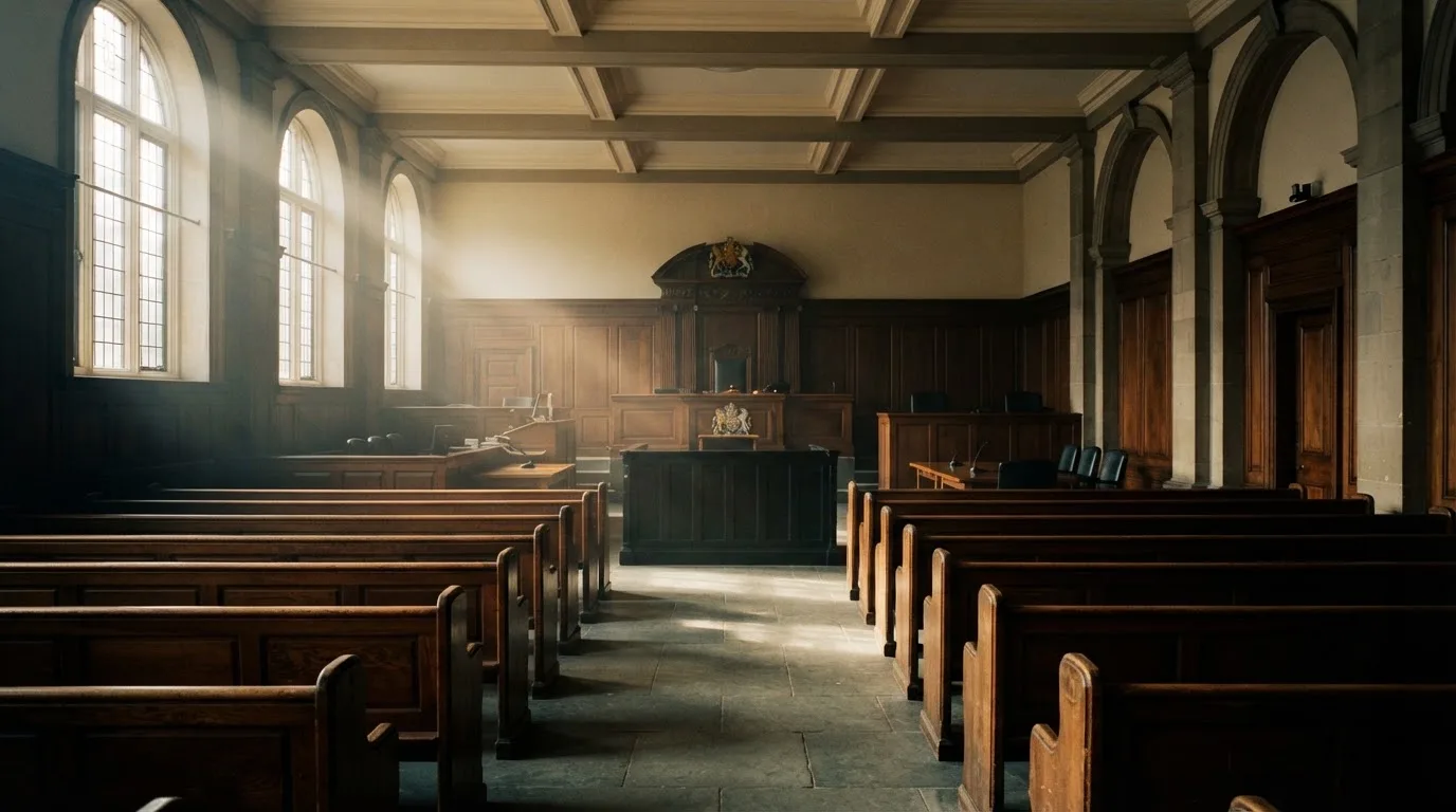 An empty courtroom with wooden benches in morning light
