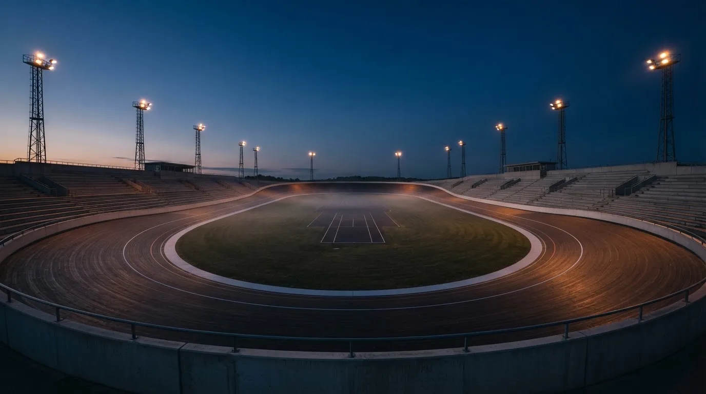 An empty football stadium with floodlight masts at dusk