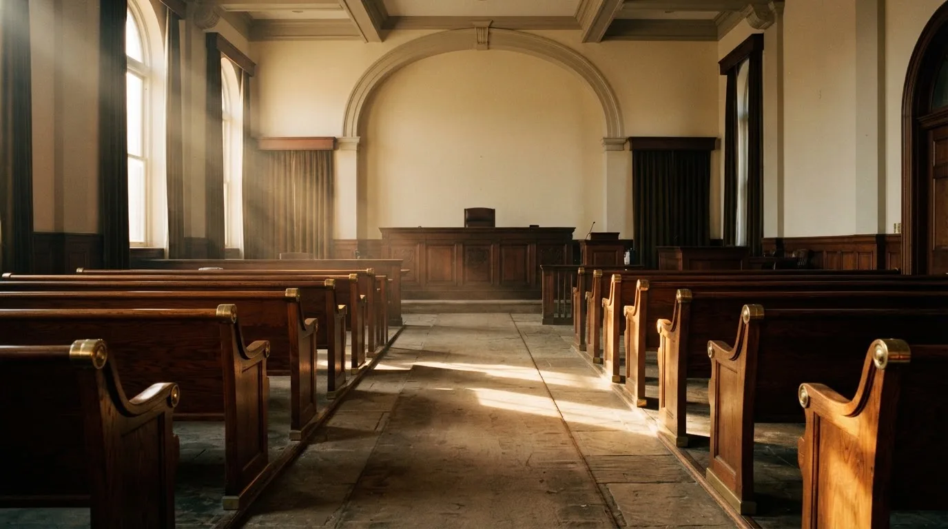 An empty courtroom with wooden benches in morning light