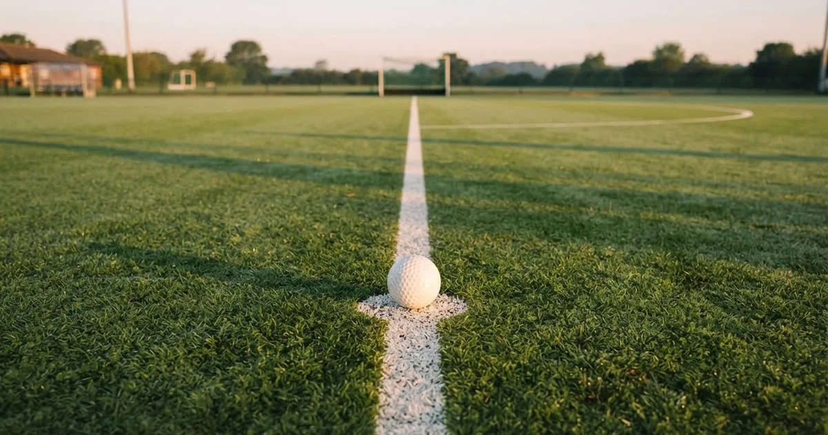 A ball on the centre spot of a grass pitch in morning light