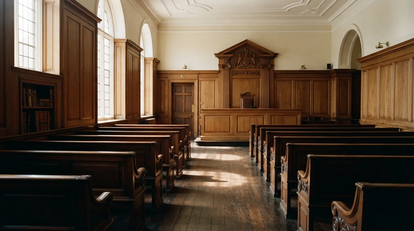 An empty courtroom with wooden benches in morning light