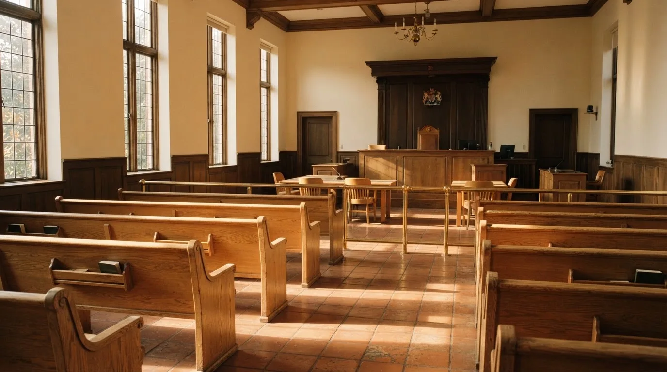 An empty courtroom with wooden benches in morning light