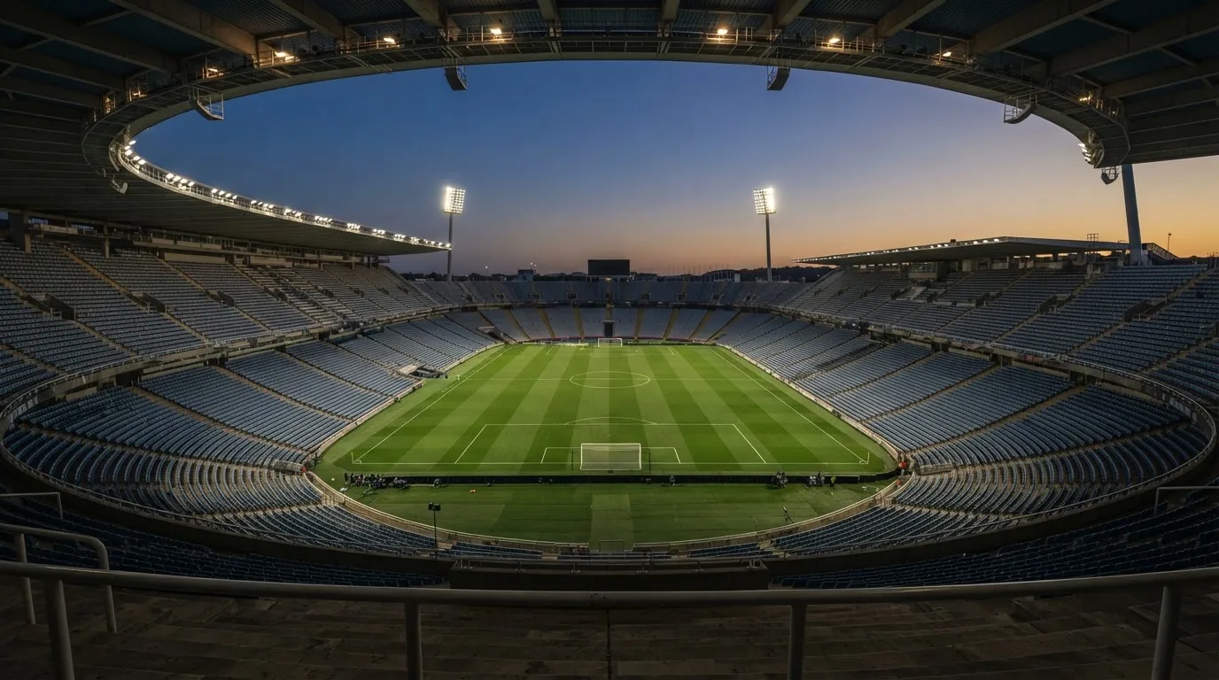 An empty football stadium with floodlight masts at dusk