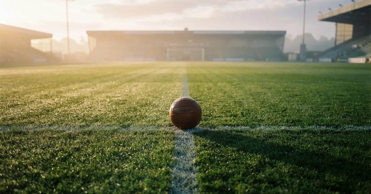 A ball on the centre spot of a grass pitch in morning light