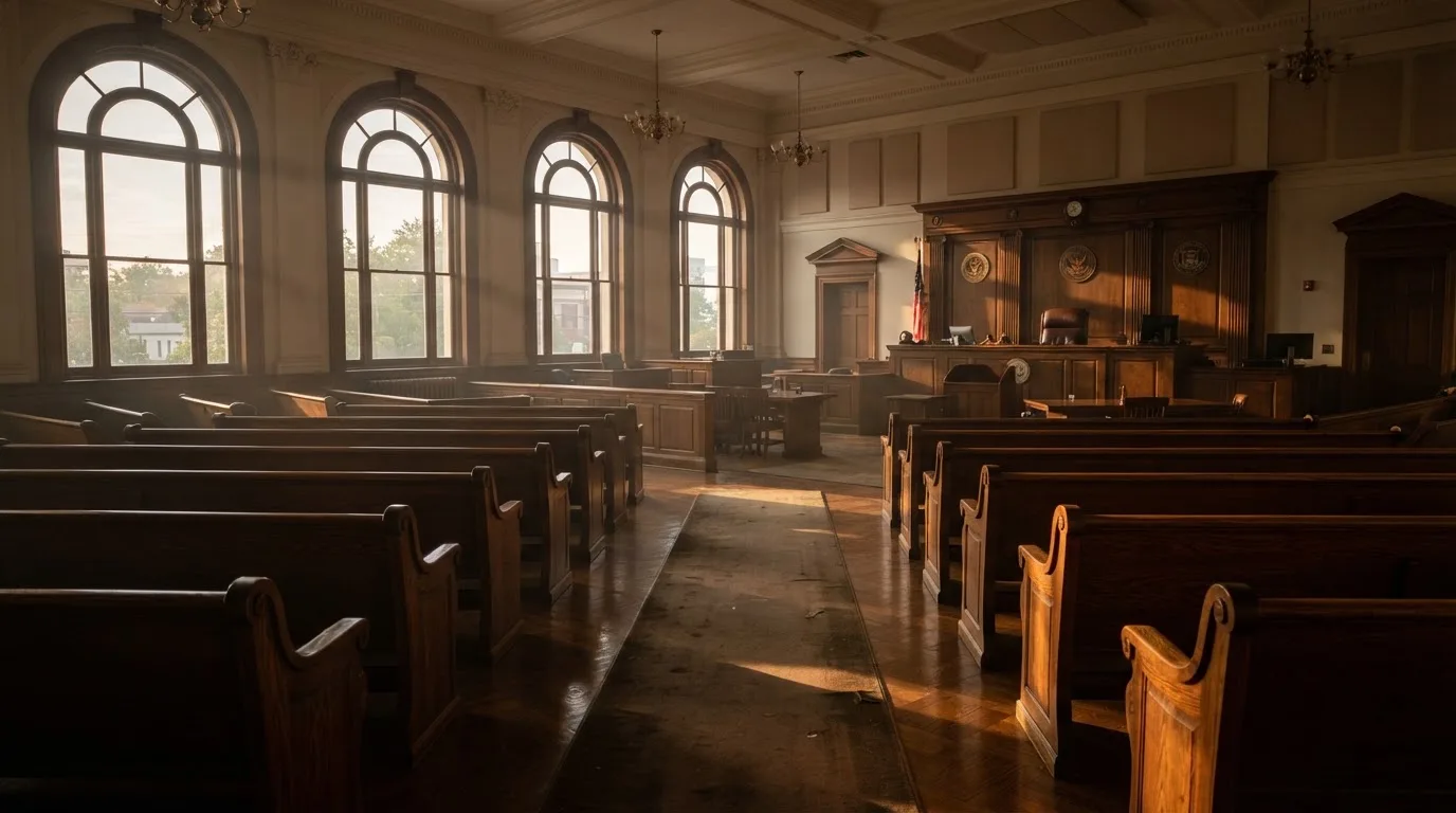 An empty courtroom with wooden benches in morning light