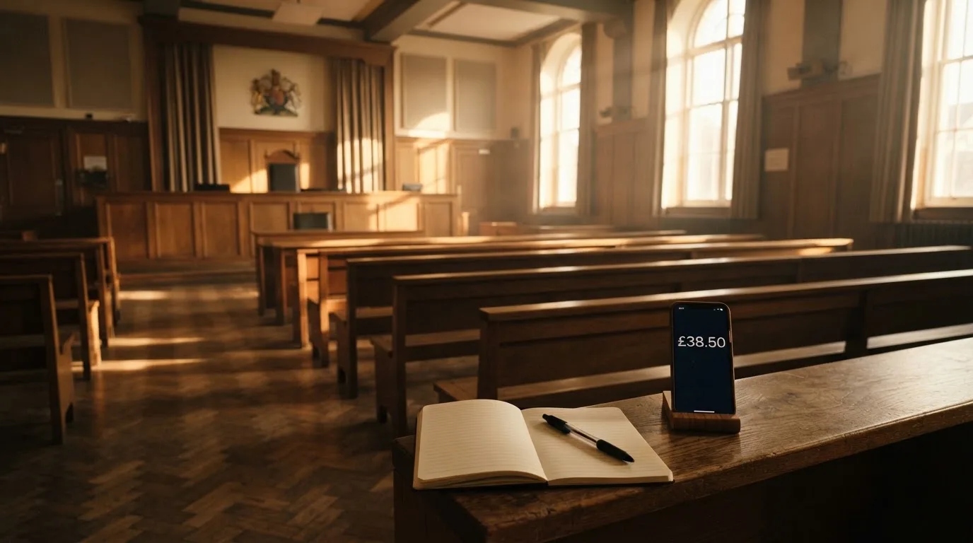 An empty courtroom with wooden benches in morning light