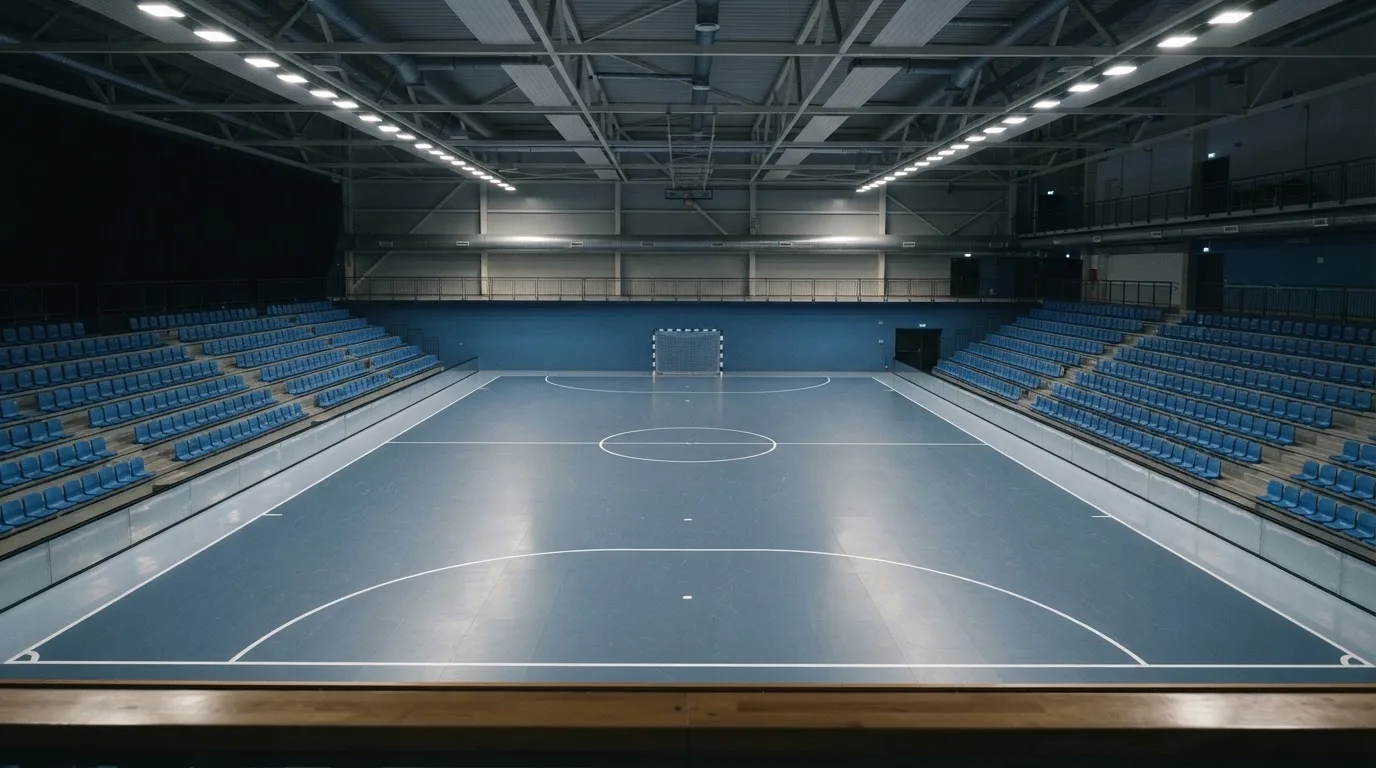 An empty football stadium with floodlight masts at dusk