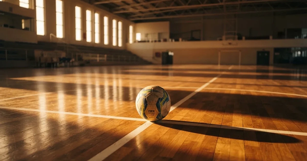 A ball on the centre spot of a grass pitch in morning light