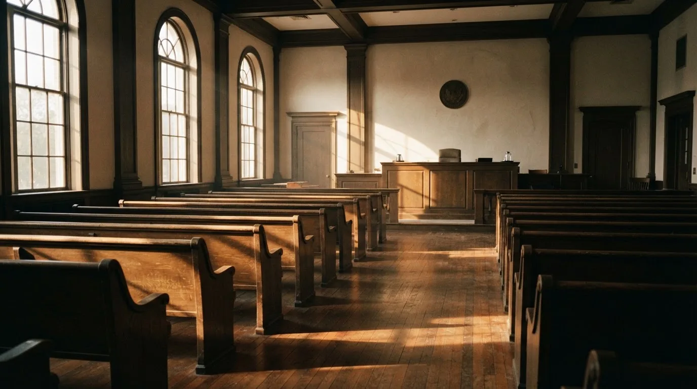 An empty courtroom with wooden benches in morning light
