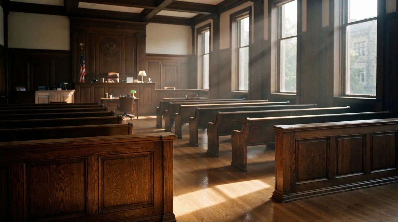 An empty courtroom with wooden benches in morning light