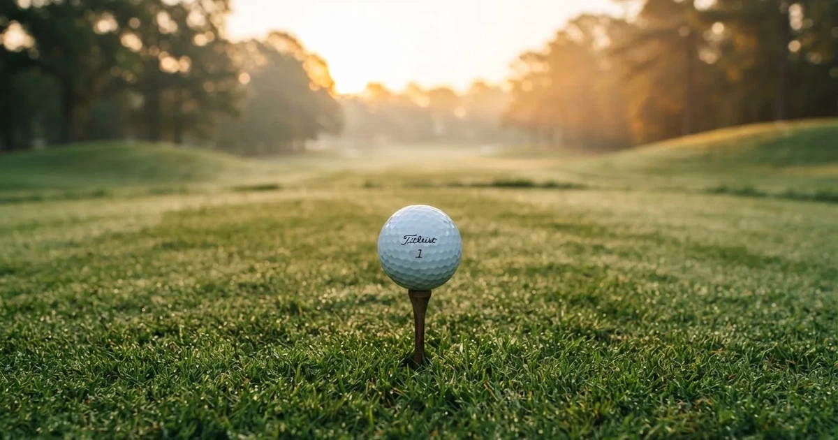 A ball on the centre spot of a grass pitch in morning light