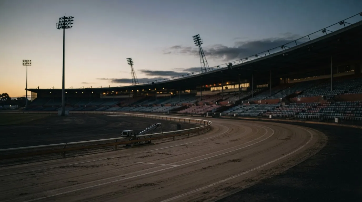 An empty football stadium with floodlight masts at dusk
