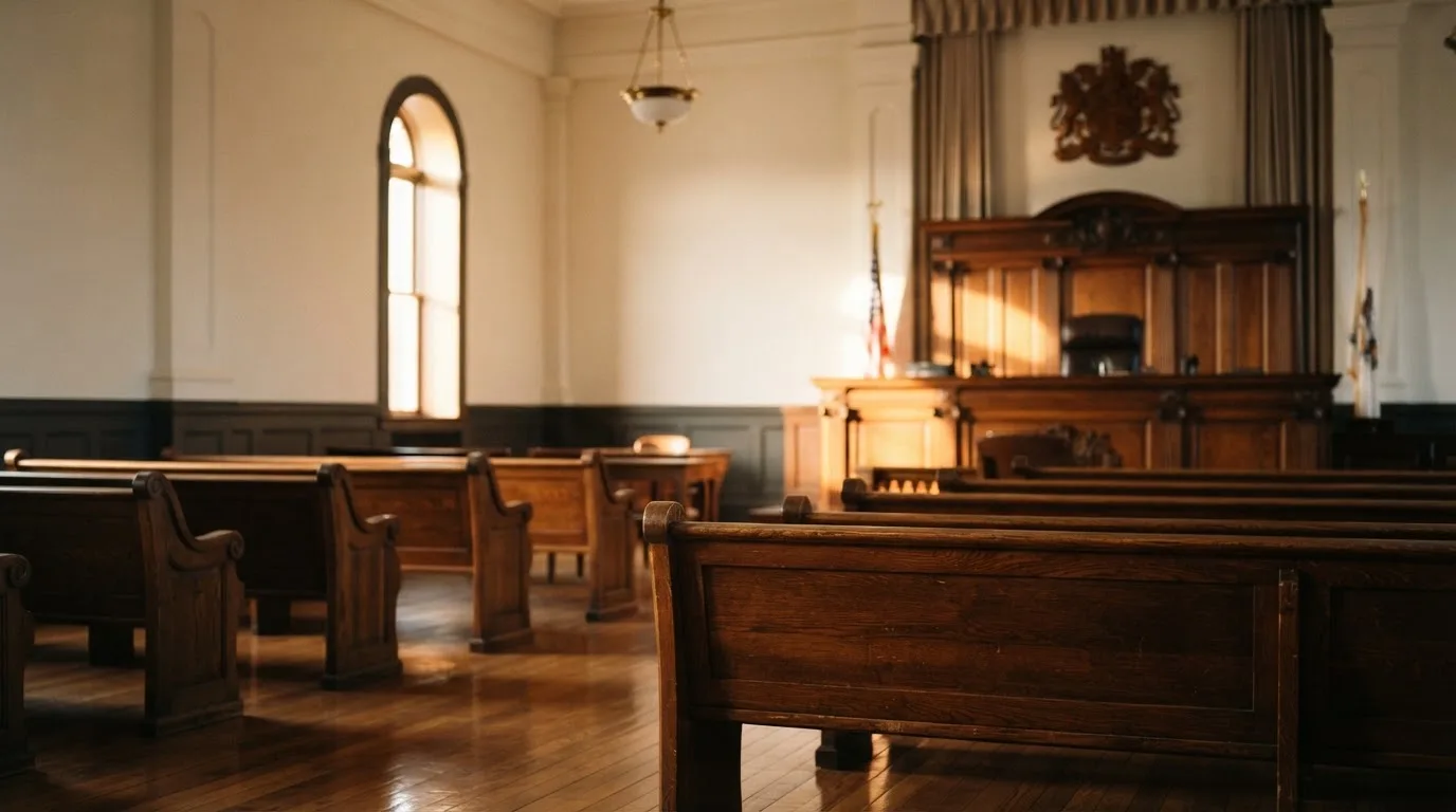 An empty courtroom with wooden benches in morning light