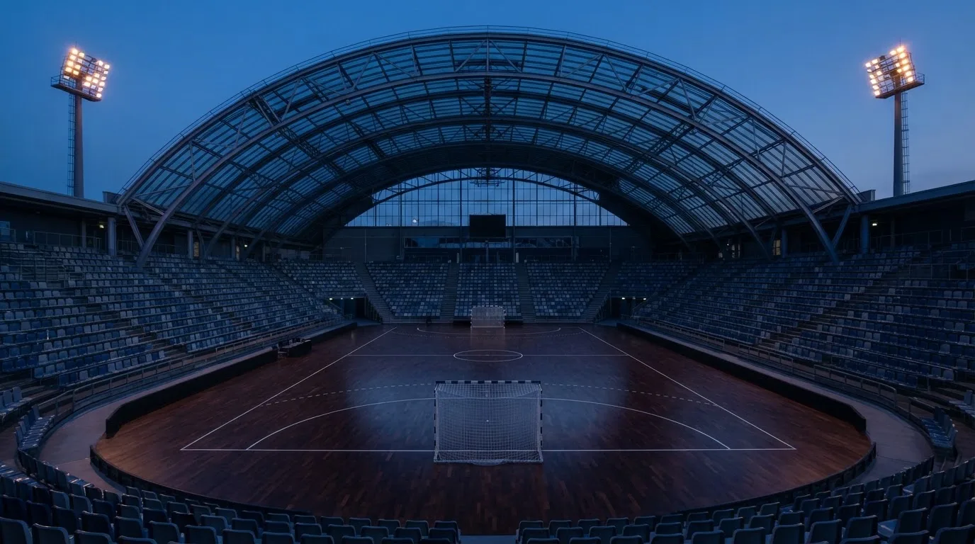 An empty football stadium with floodlight masts at dusk