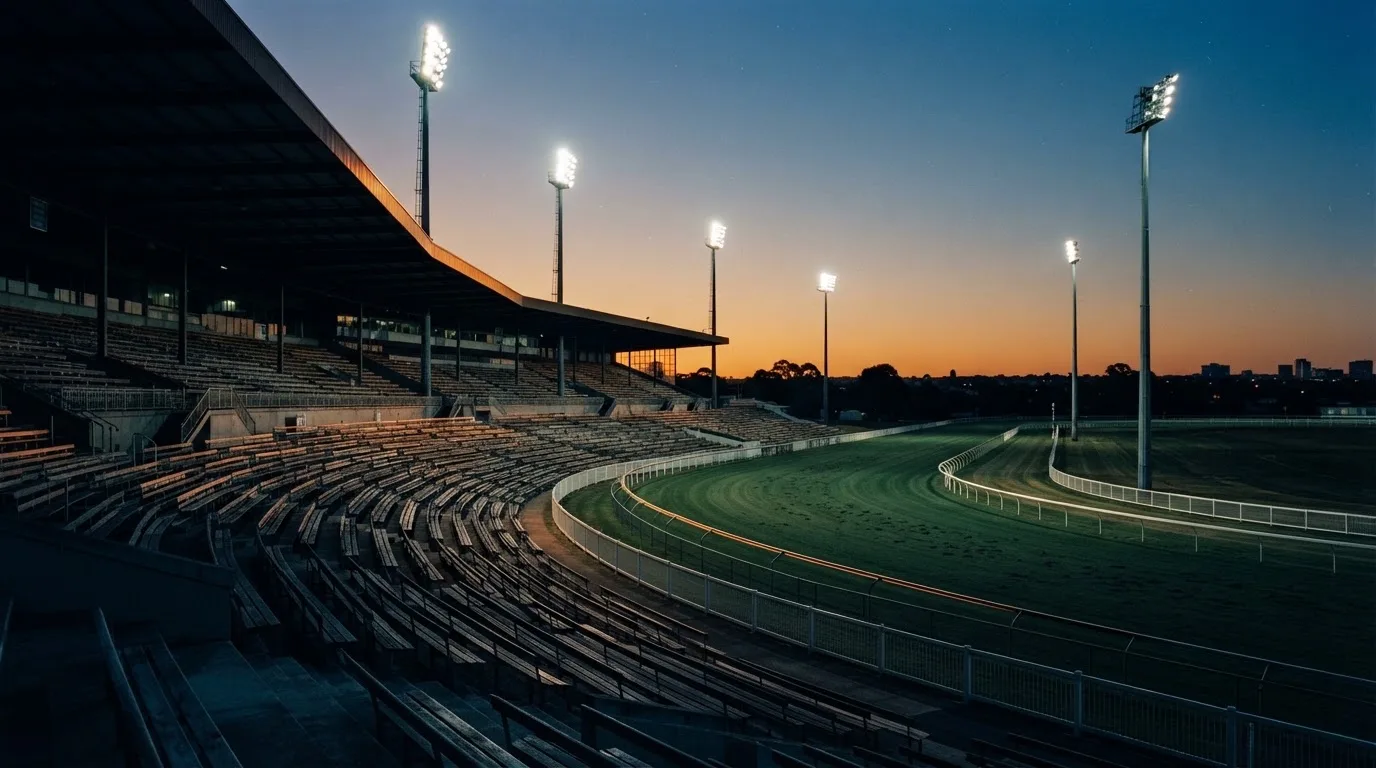 An empty football stadium with floodlight masts at dusk