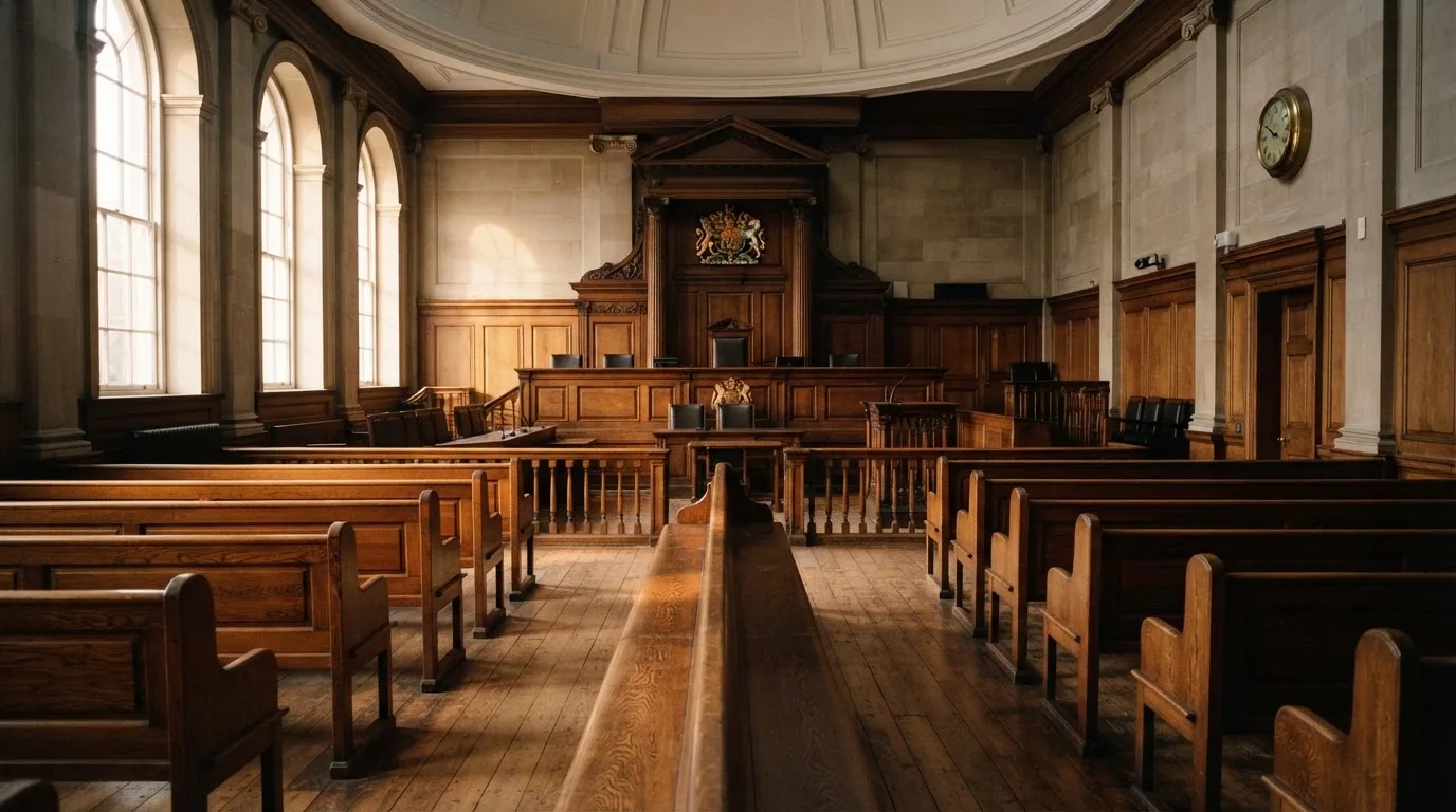An empty courtroom with wooden benches in morning light