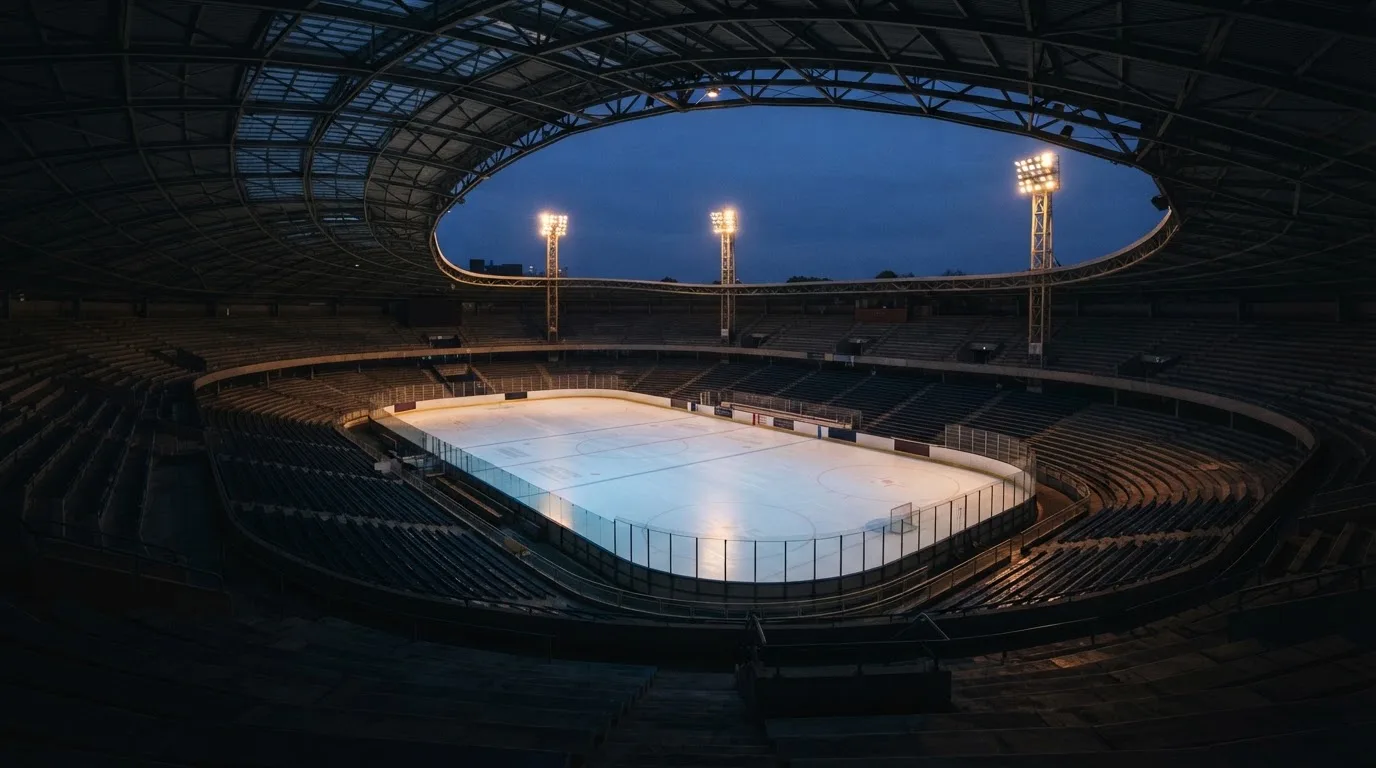 An empty football stadium with floodlight masts at dusk