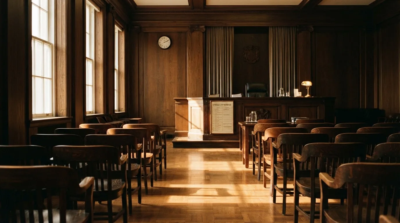An empty courtroom with wooden benches in morning light