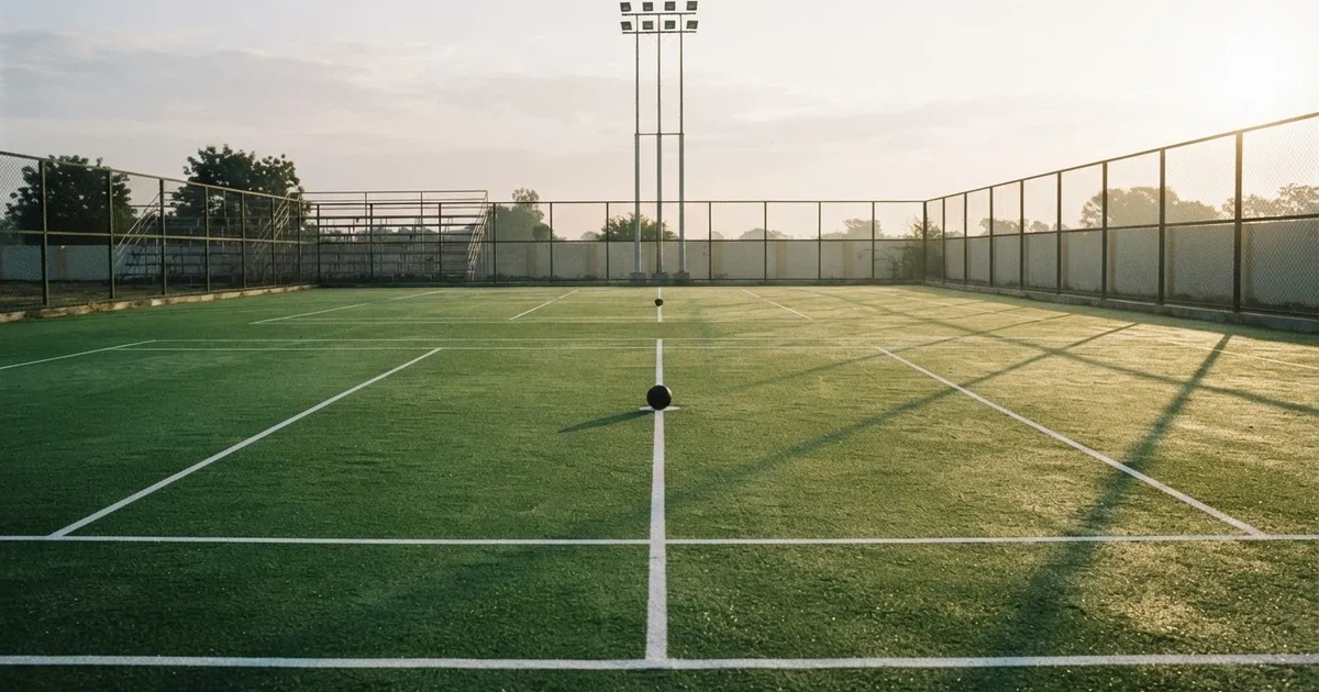 A ball on the centre spot of a grass pitch in morning light