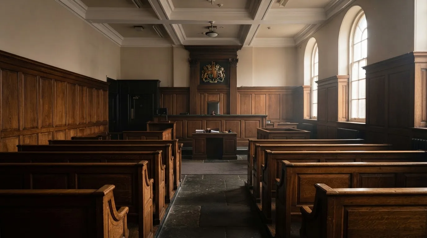 An empty courtroom with wooden benches in morning light