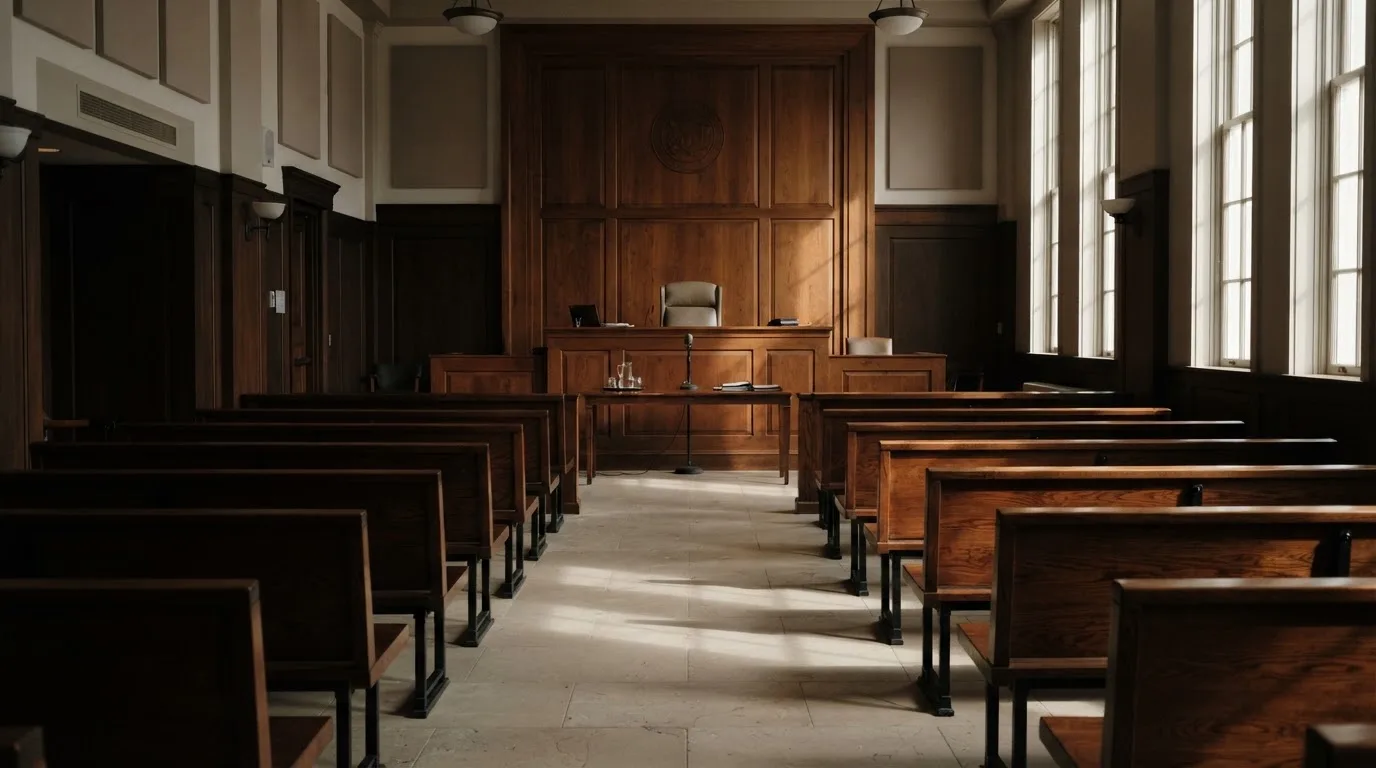 An empty courtroom with wooden benches in morning light