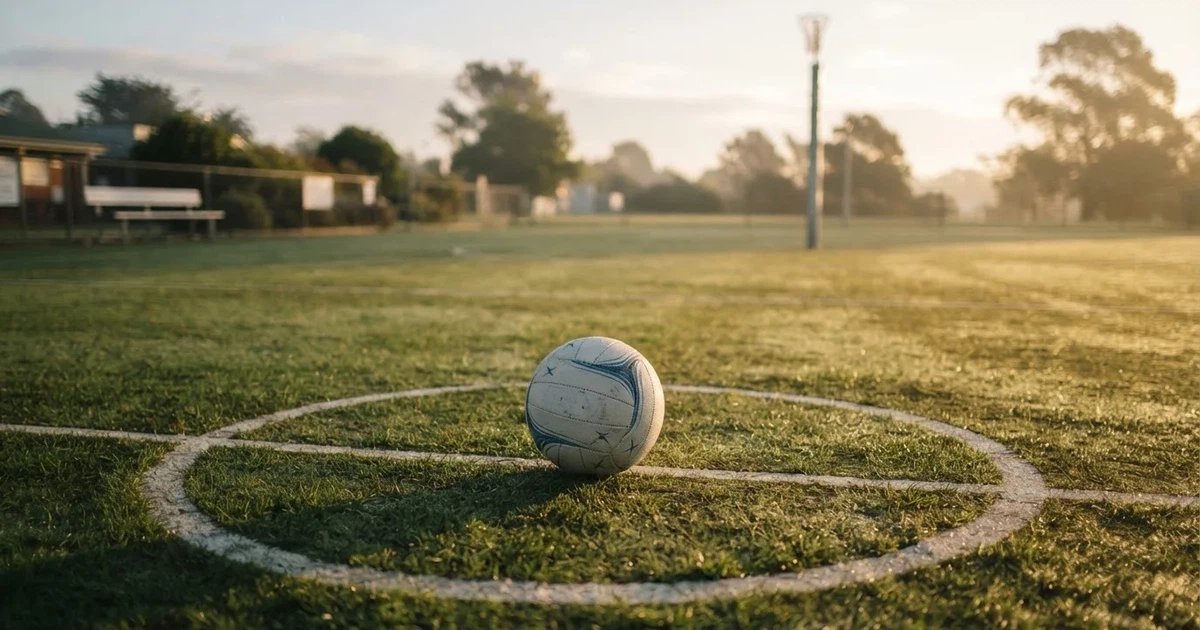 A ball on the centre spot of a grass pitch in morning light