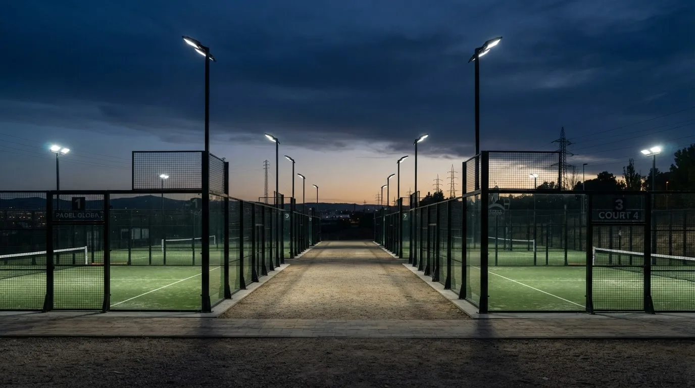 An empty football stadium with floodlight masts at dusk