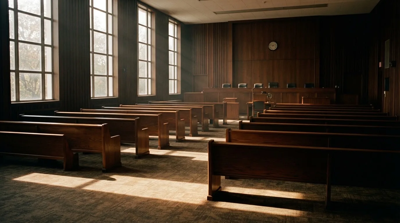 An empty courtroom with wooden benches in morning light