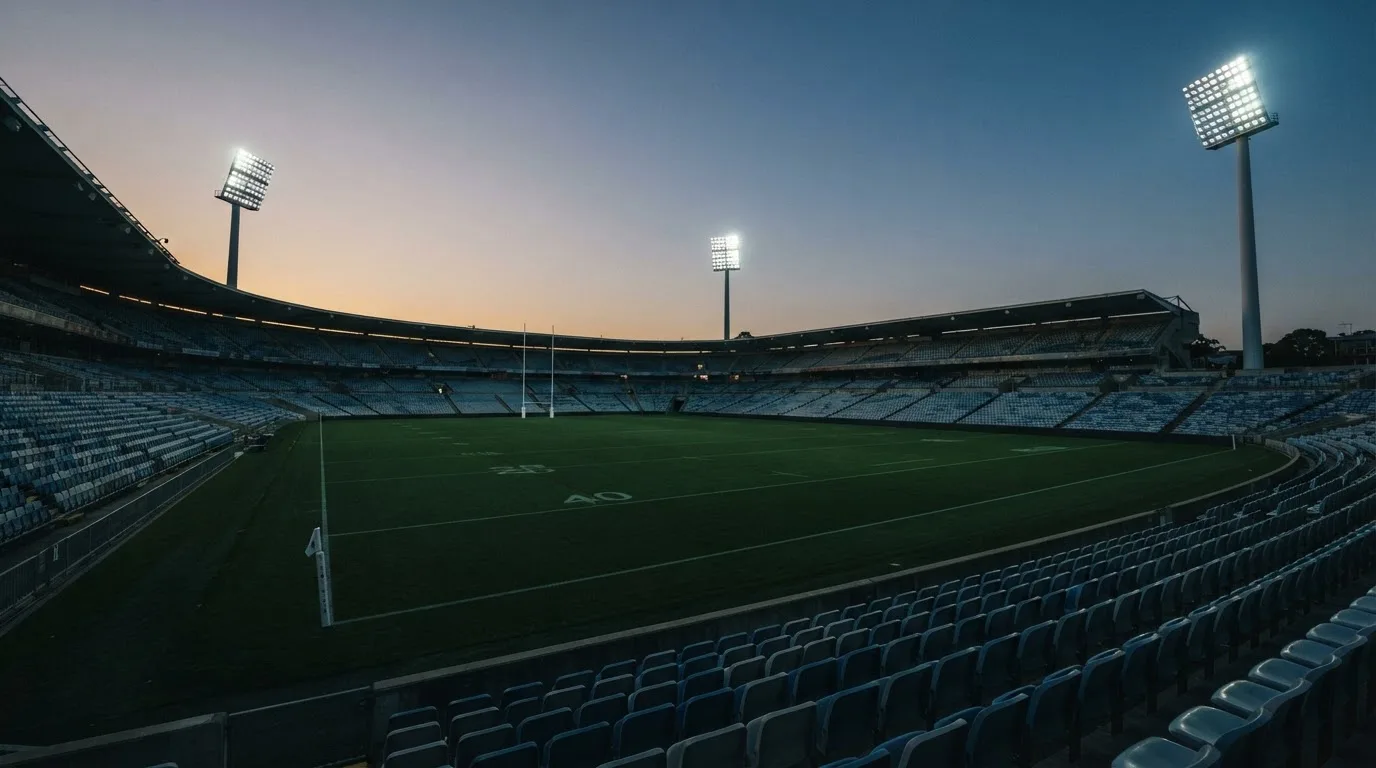An empty football stadium with floodlight masts at dusk