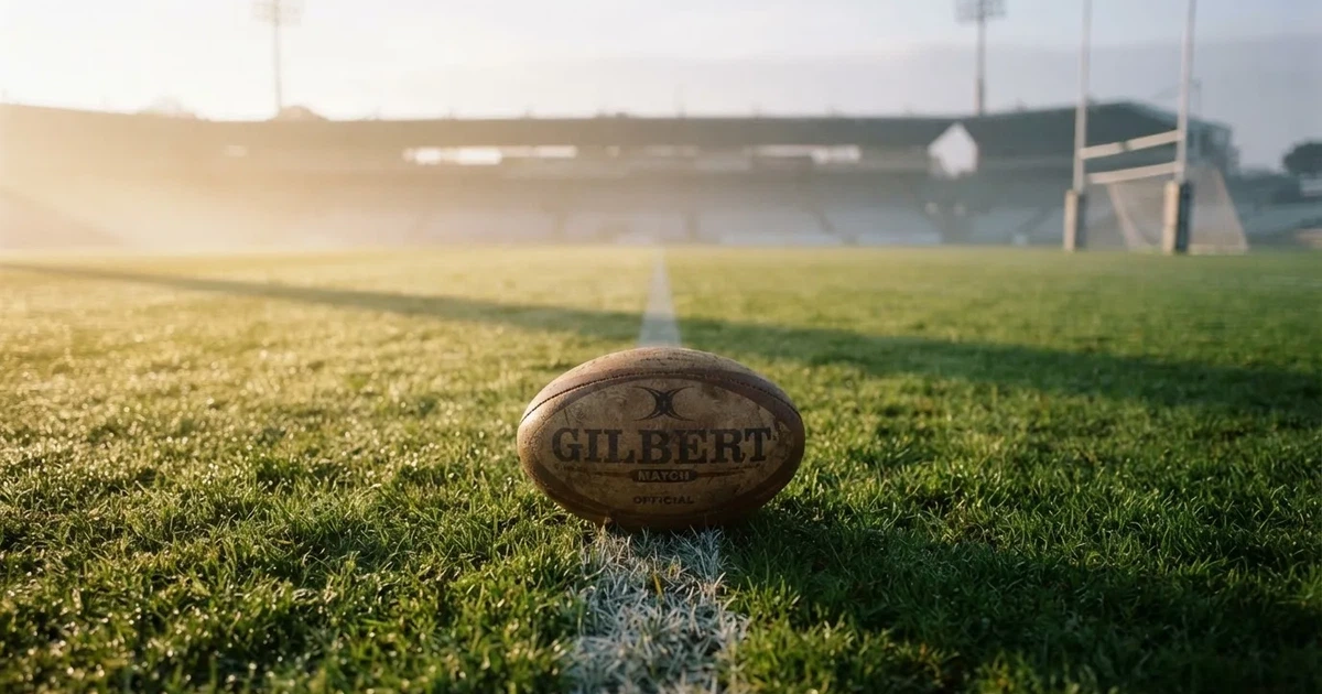 A ball on the centre spot of a grass pitch in morning light