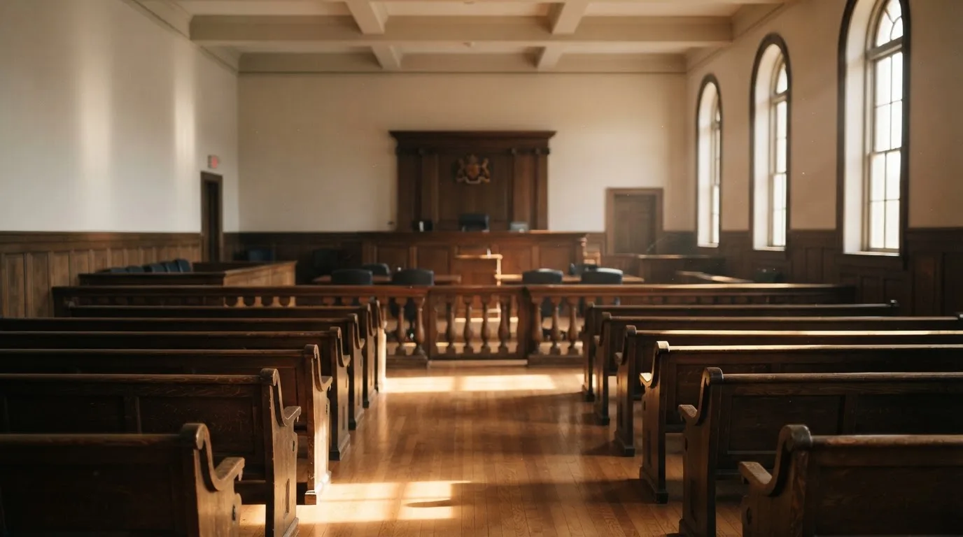 An empty courtroom with wooden benches in morning light