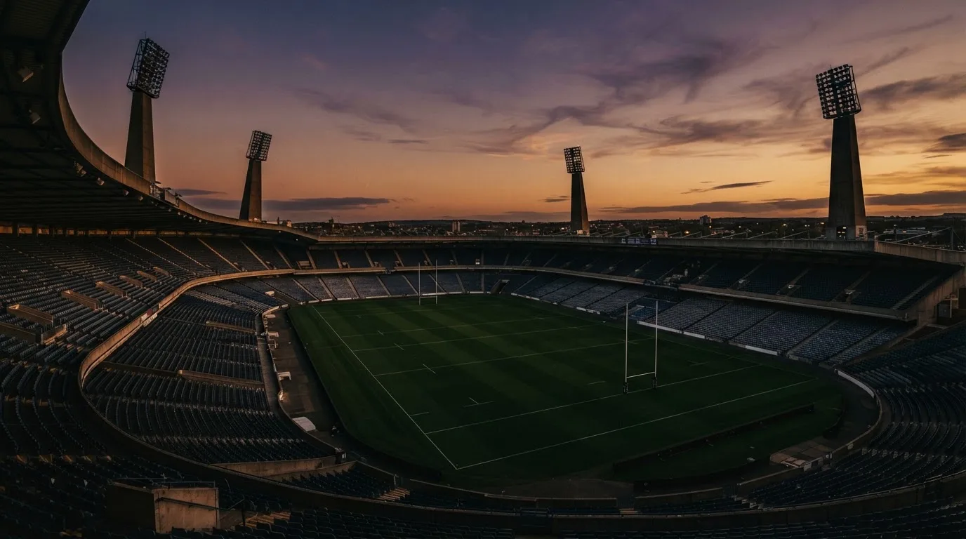An empty football stadium with floodlight masts at dusk