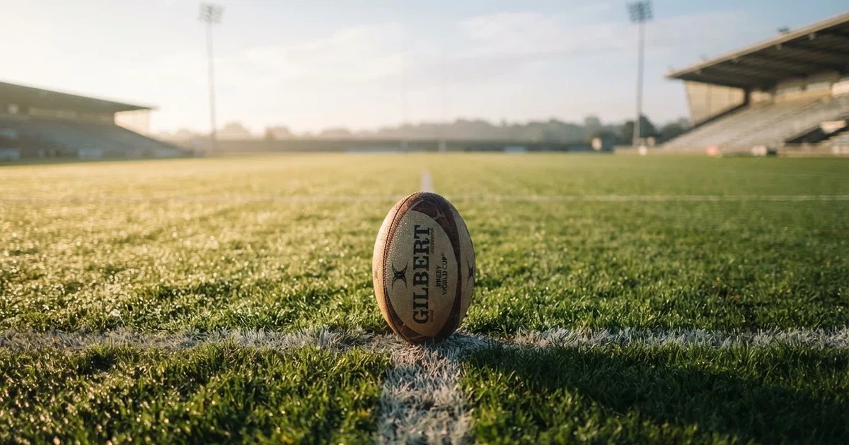 A ball on the centre spot of a grass pitch in morning light