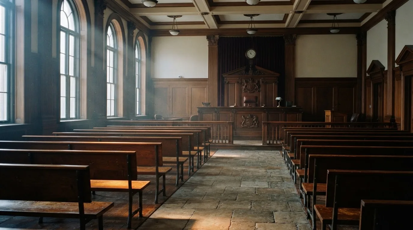 An empty courtroom with wooden benches in morning light