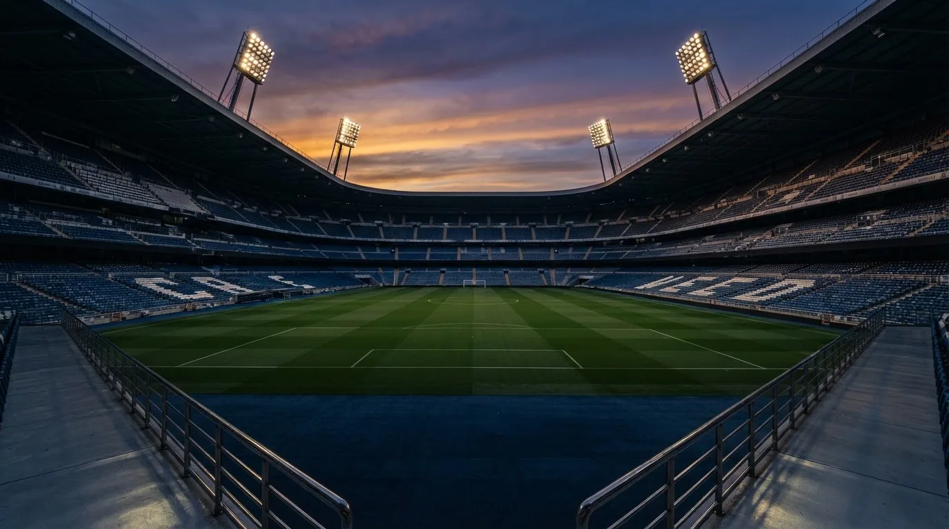 An empty football stadium with floodlight masts at dusk