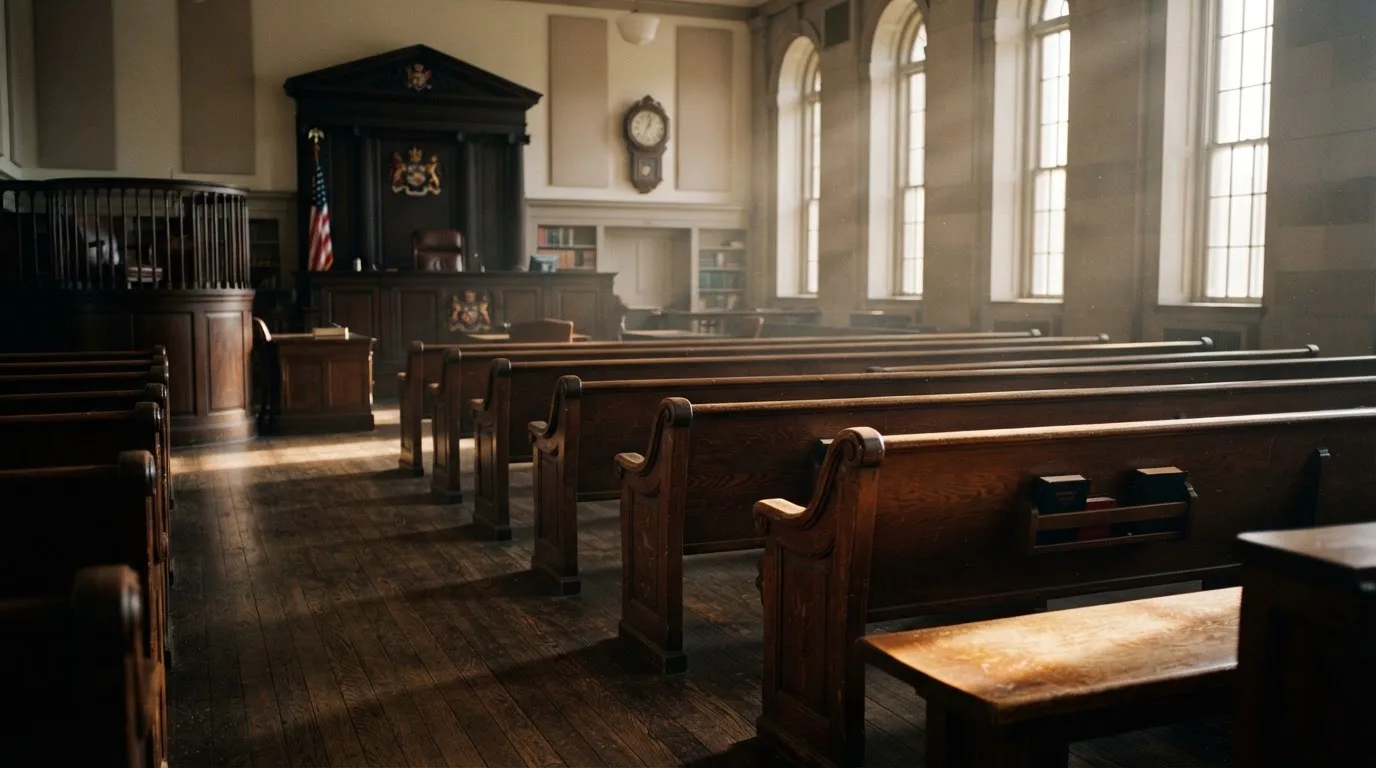 An empty courtroom with wooden benches in morning light