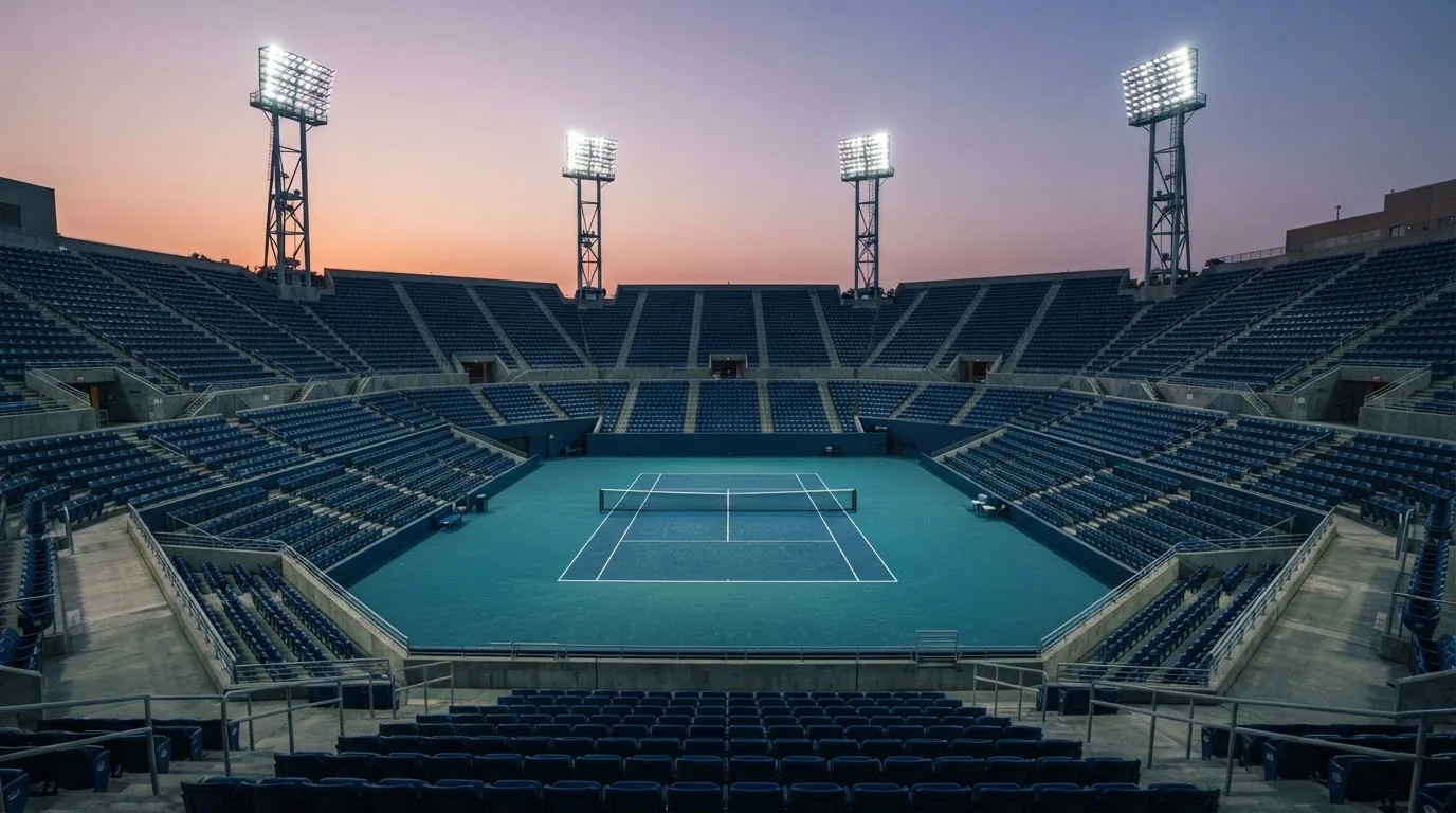 An empty football stadium with floodlight masts at dusk