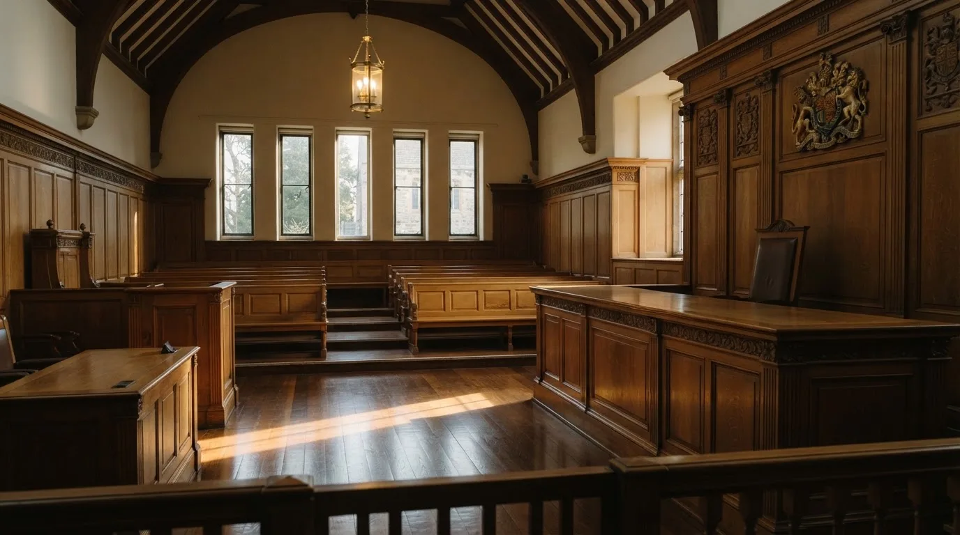 An empty courtroom with wooden benches in morning light
