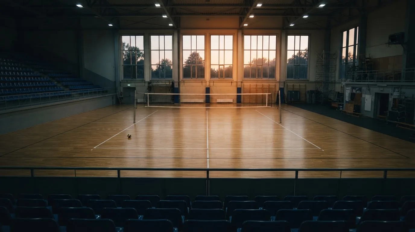 An empty football stadium with floodlight masts at dusk