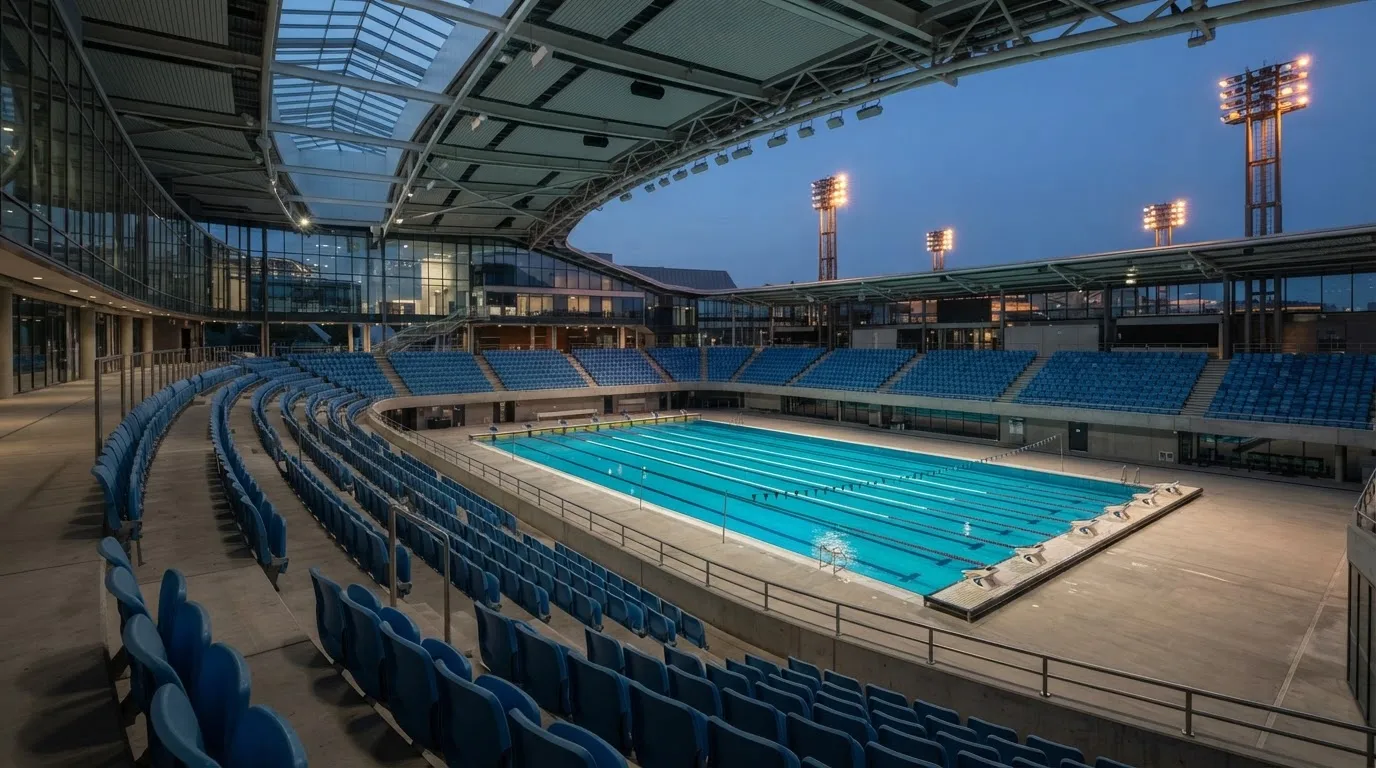 An empty football stadium with floodlight masts at dusk