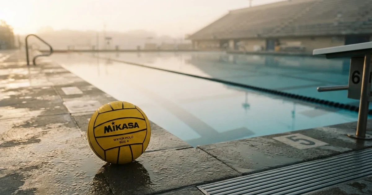 A ball on the centre spot of a grass pitch in morning light