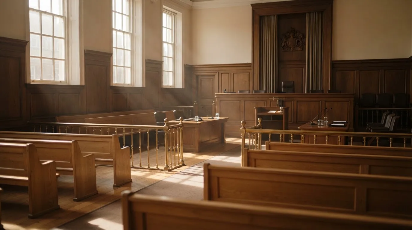 An empty courtroom with wooden benches in morning light