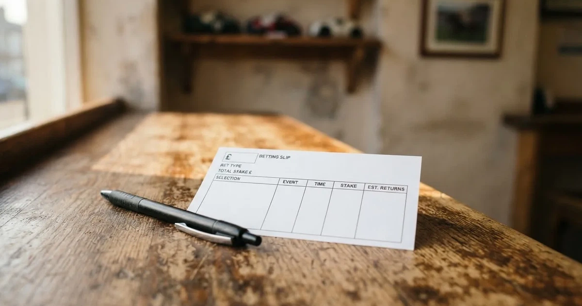 A blank paper betting slip beside a pen on a wooden counter