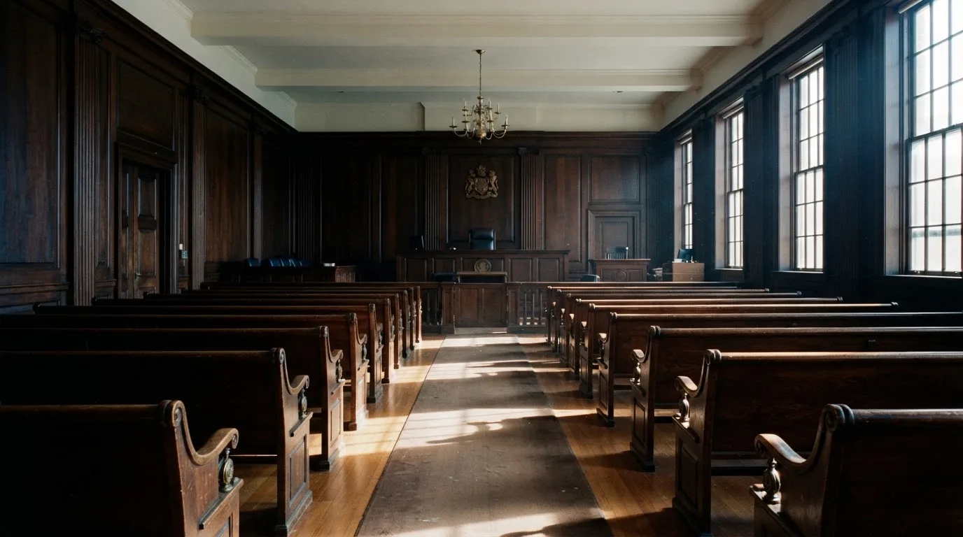 An empty courtroom with wooden benches in morning light