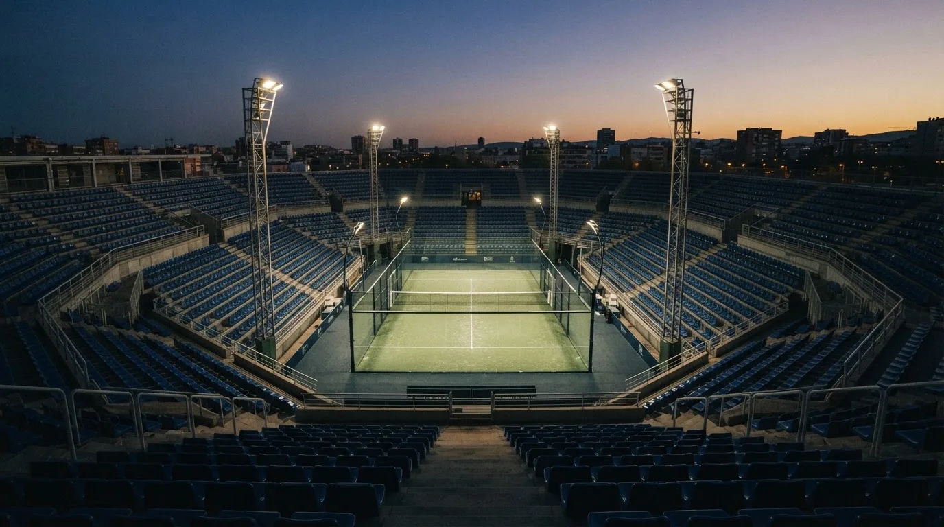 An empty football stadium with floodlight masts at dusk