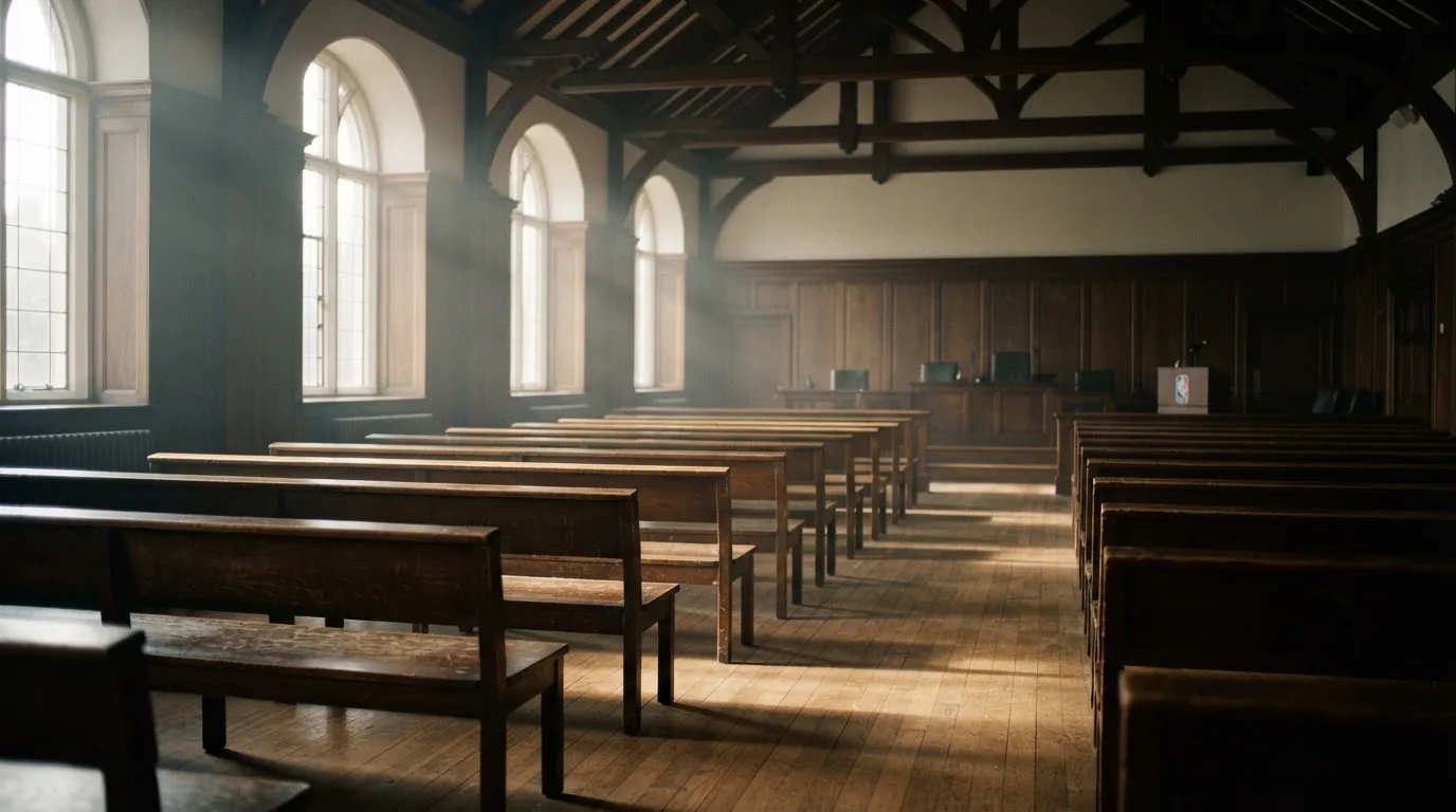 An empty courtroom with wooden benches in morning light