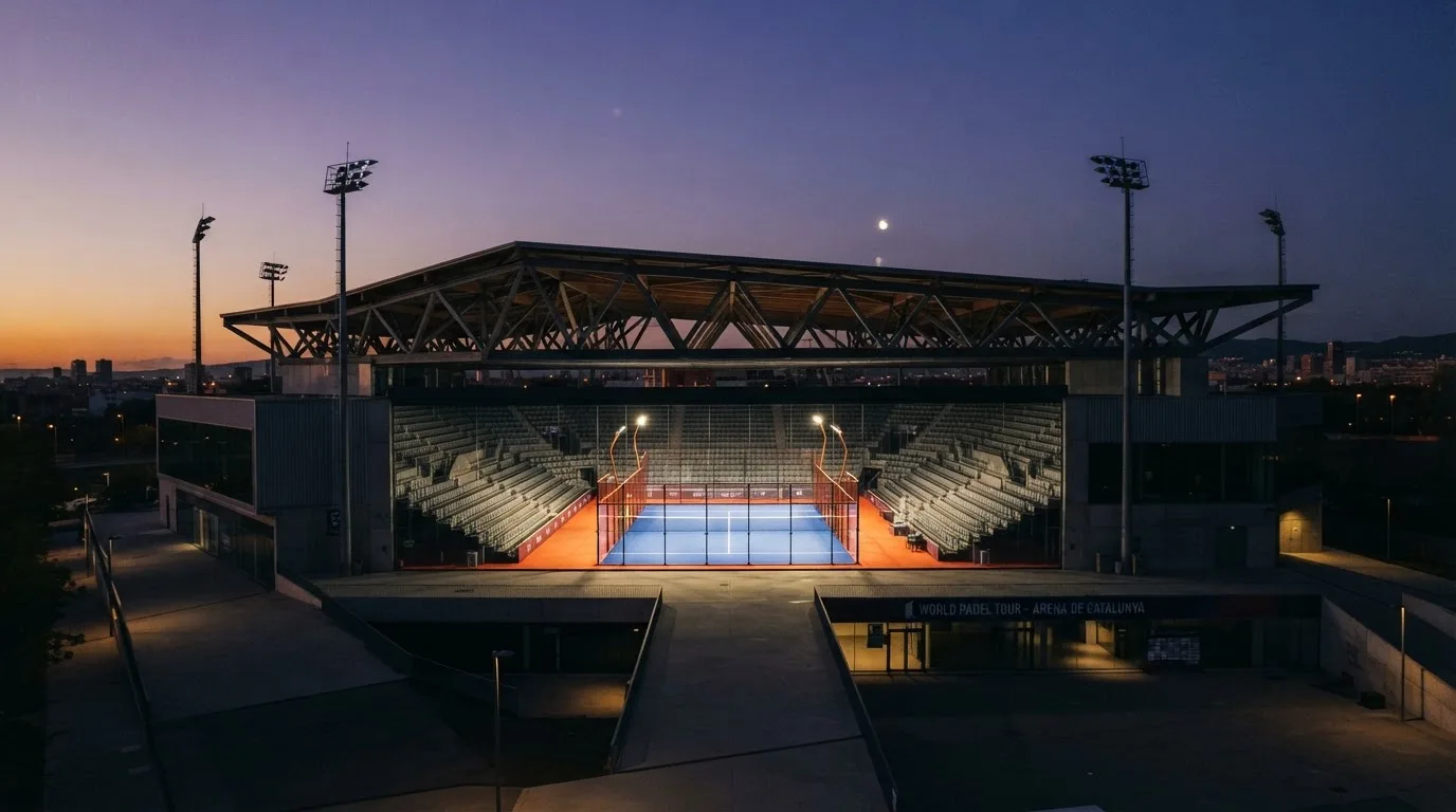 An empty football stadium with floodlight masts at dusk
